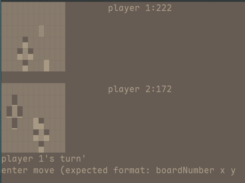 A screenshot of fungal creep, two grids are shown with cells filled to varying degrees, its unclear what is going on, this was a very esoteric game