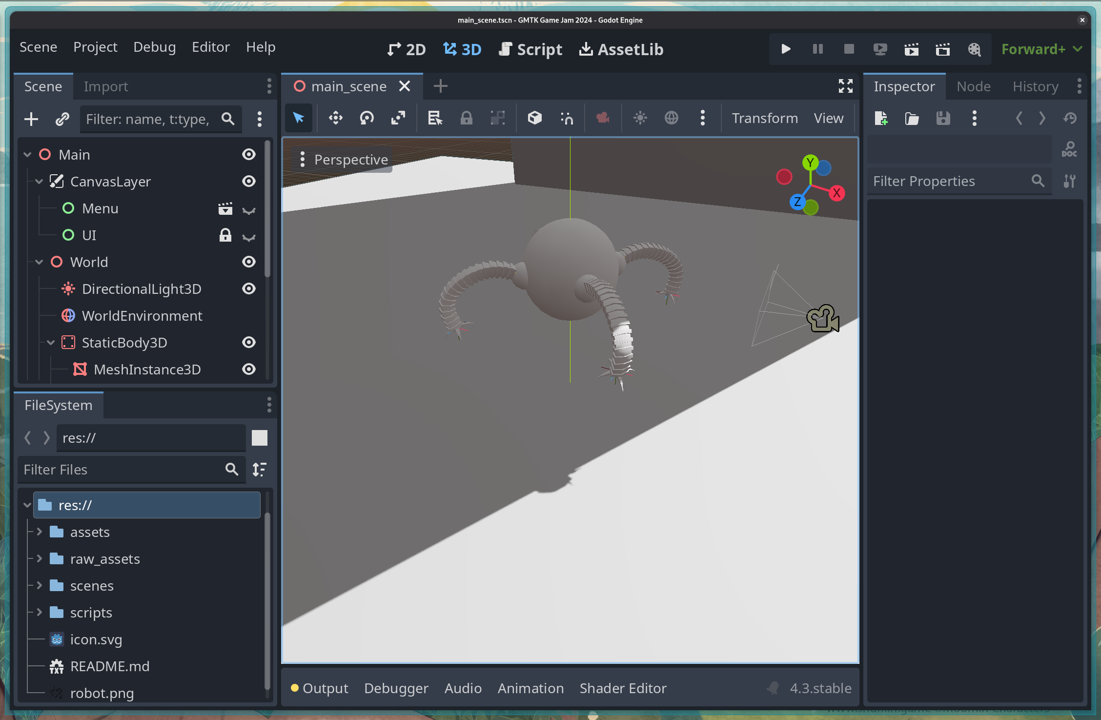 A spherical robot with 4 arms coming off it, in a game engine