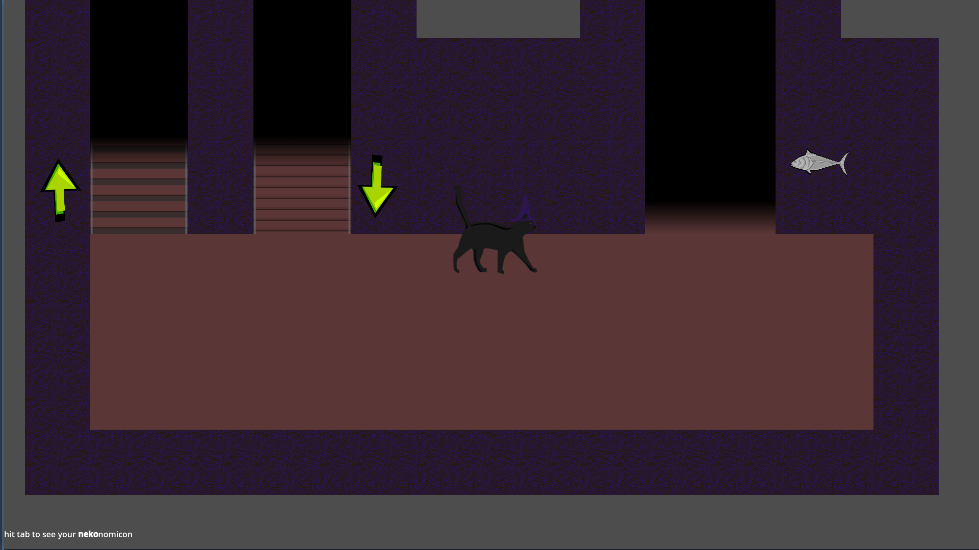 a game with a cat walking around a room following signs for a fish