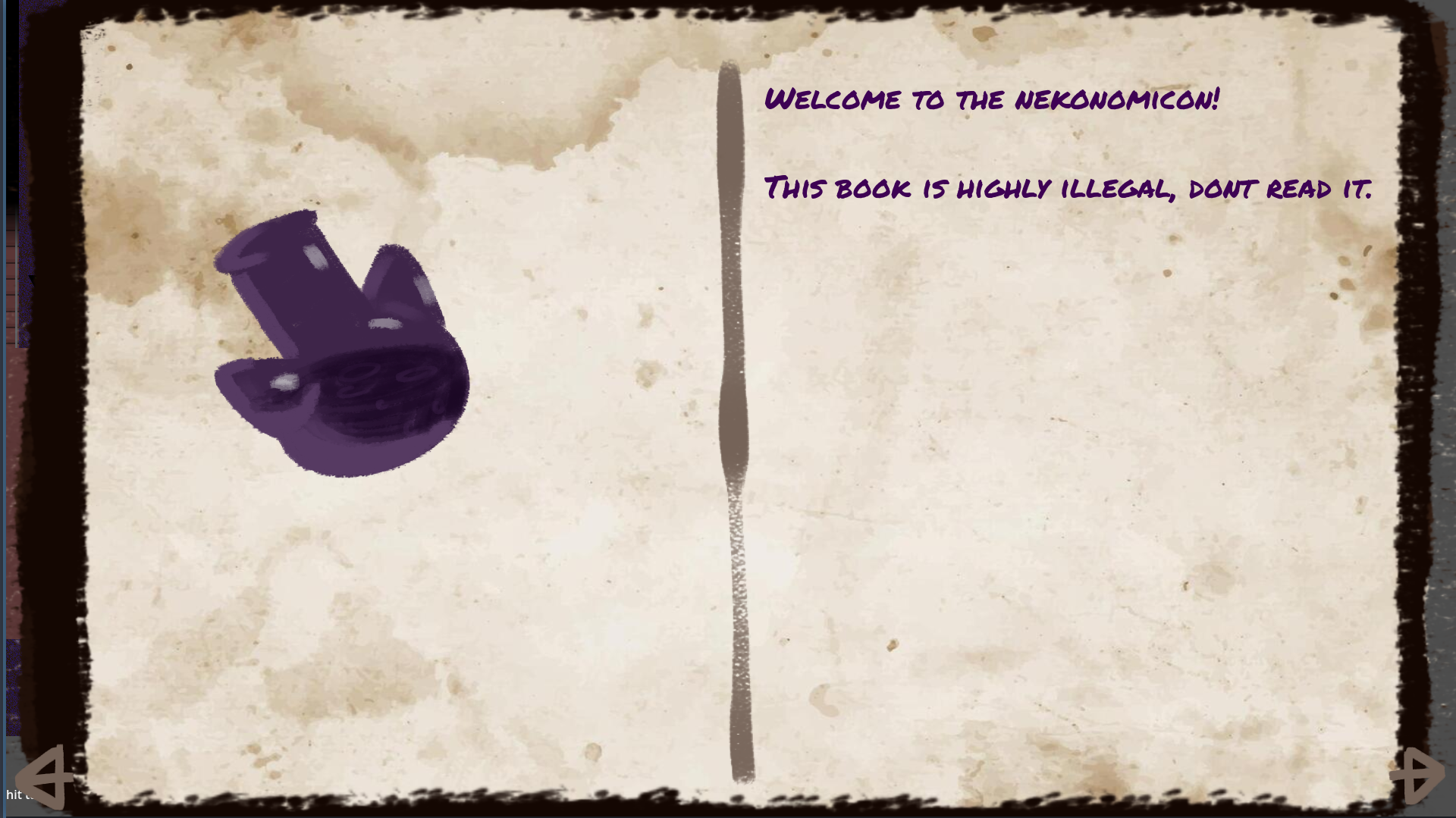 a game ui which looks like a book, it has a painting of a potion with cat ears on it