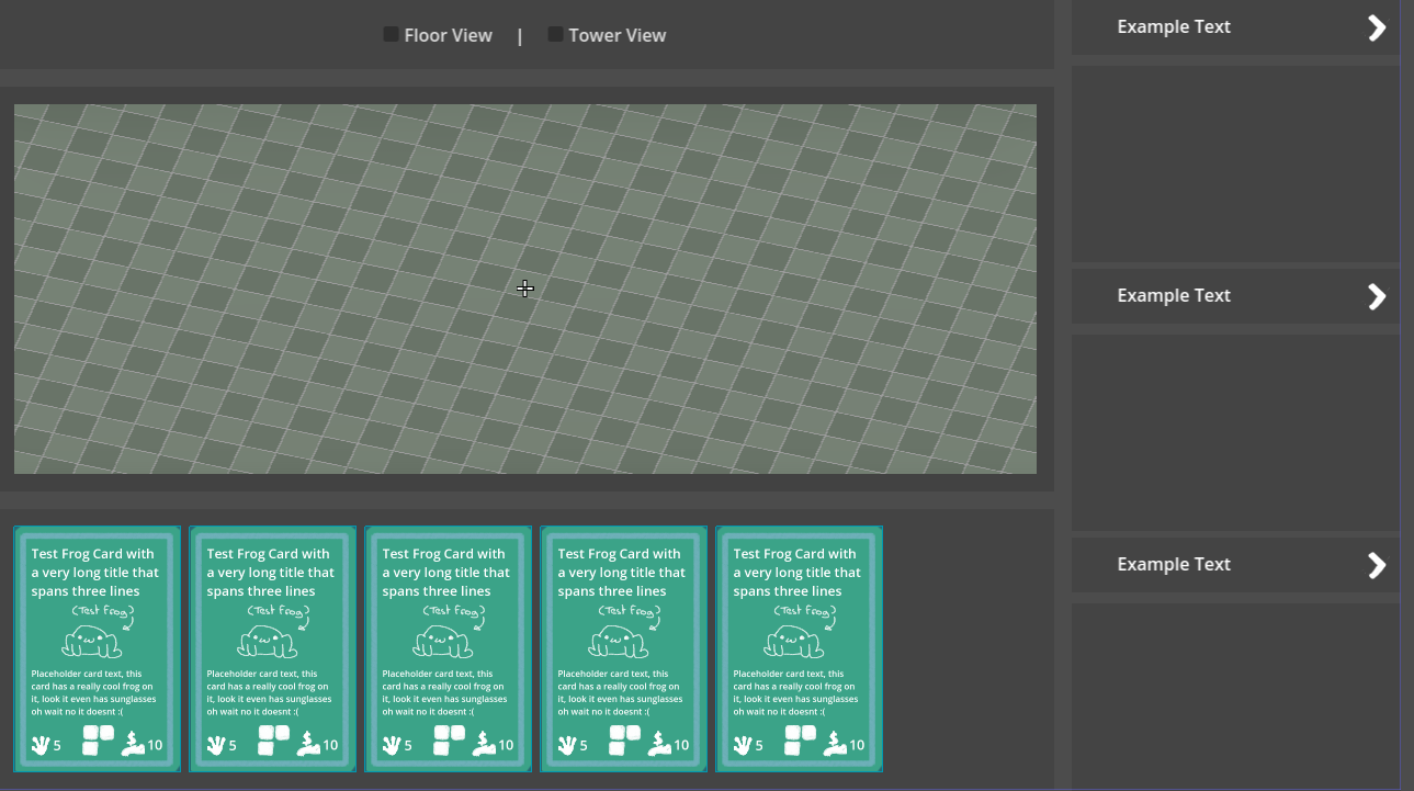 The dev ui of a game, it has an open 3d space and then a list of cards at the bottom