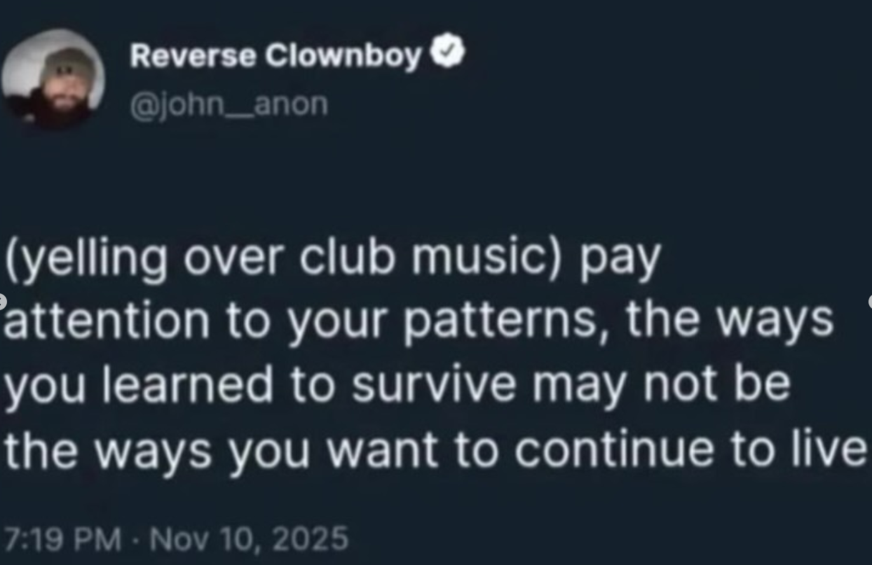 a tweet: notice your patterns, the ways you learnt to survive may not be the ways you thrive